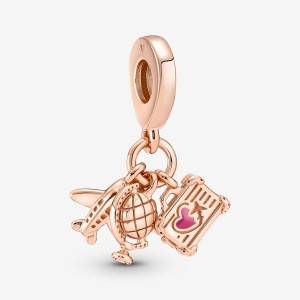 Pandora Airplane, Globe & Suitcase Triple Dangle Charm Pembe Altın | 450-IGUZVX