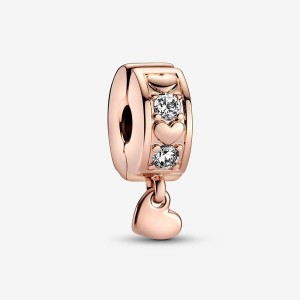 Pandora Infinite Hearts Sparkling Dangling Clip Charm Pembe Altın | 795-APKTGD