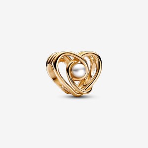 Pandora Openwork Swirling Heart & Treated Freshwater Cultured Pearl Charm Altın | 149-HOMXTY