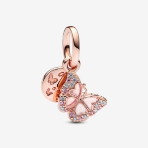 Pandora Pink Butterfly & Quote Double Dangle Charm Pembe Altın | 849-OGKZUS
