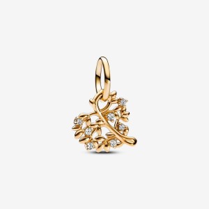 Pandora Sparkling Heart & Family Tree Dangle Charm Altın | 721-BYOGJS