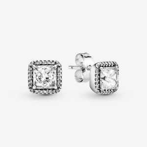 Pandora Square Sparkle Halo Stud Earrings Gümüş | 864-ABHPEJ