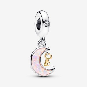 Pandora Two-tone Key & Moon Dangle Charm Renkli | 376-HQPSNB