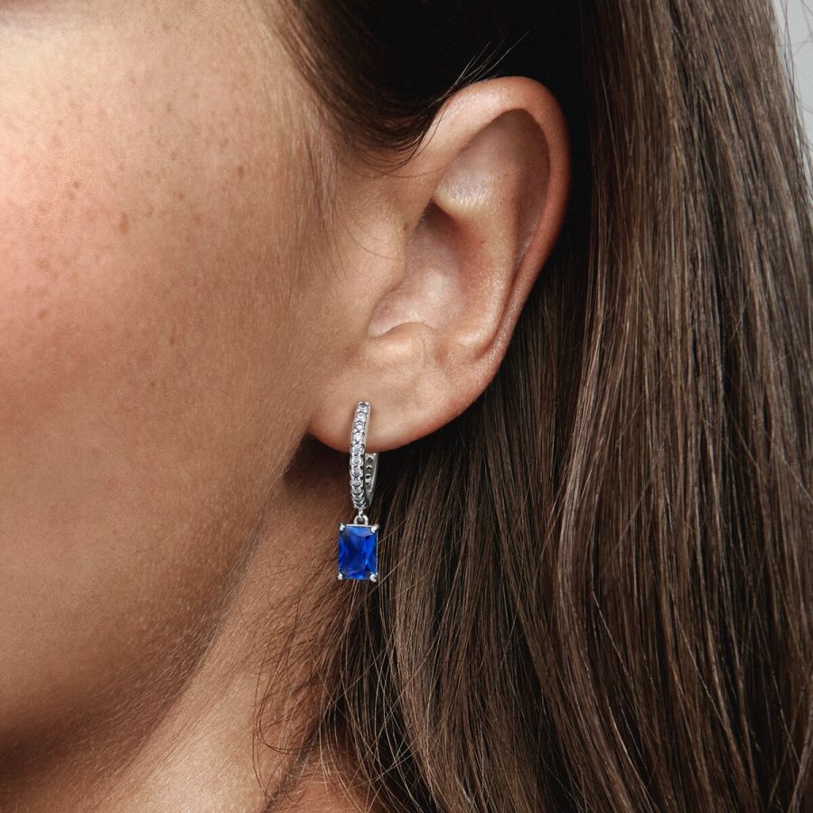 Pandora Blue Rectangular Sparkling Hoop Earrings Gümüş | 657-TAQHUP