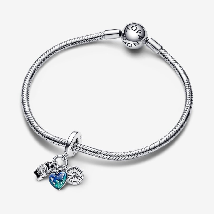 Pandora Camera, Heart & Compass Triple Dangle Charm Gümüş | 607-WOGEJU