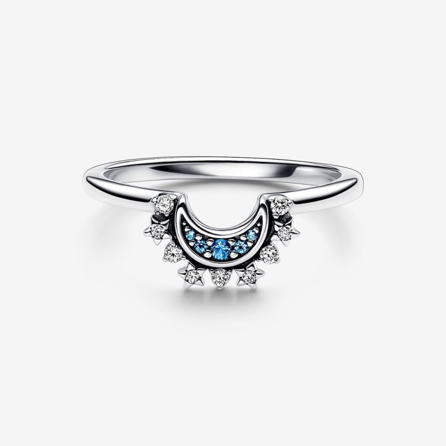 Pandora Celestial Blue Sparkling Moon Ring Gümüş | 237-FTGDHO