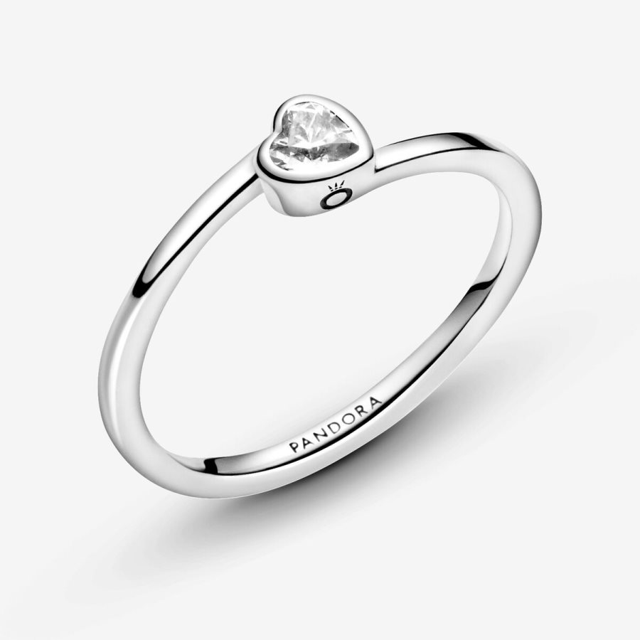 Pandora Clear Tilted Heart Solitaire Ring Gümüş | 796-KXHTYC