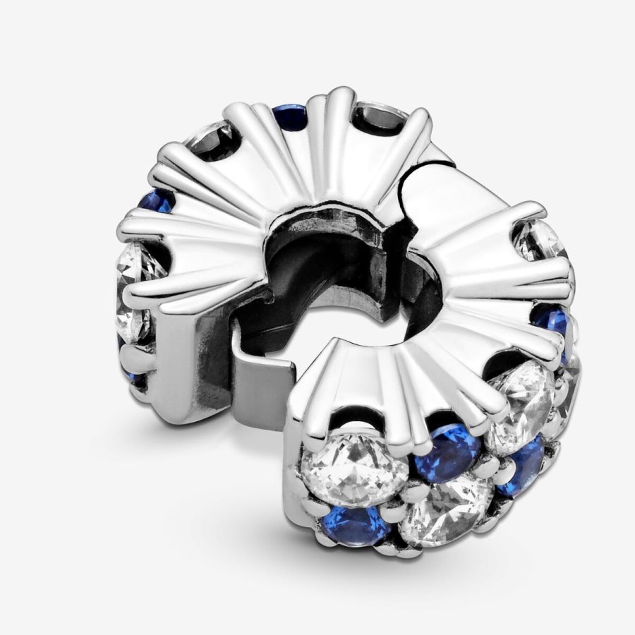 Pandora Clear & Blue Sparkling Clip Charm Gümüş | 625-FXKYPR