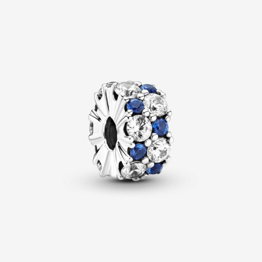 Pandora Clear & Blue Sparkling Clip Charm Gümüş | 625-FXKYPR