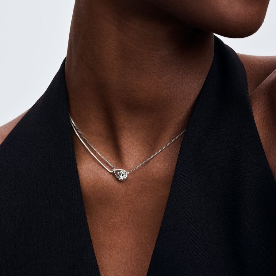 Pandora Double Chain Collier Necklace 0.75 carat tw 14k White Gold Beyaz Altın | 542-TPGIYQ