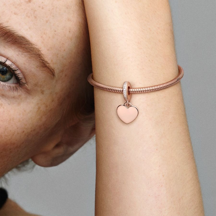 Pandora Engravable Heart Tag Dangle Charm Pembe Altın | 591-SFDTEY