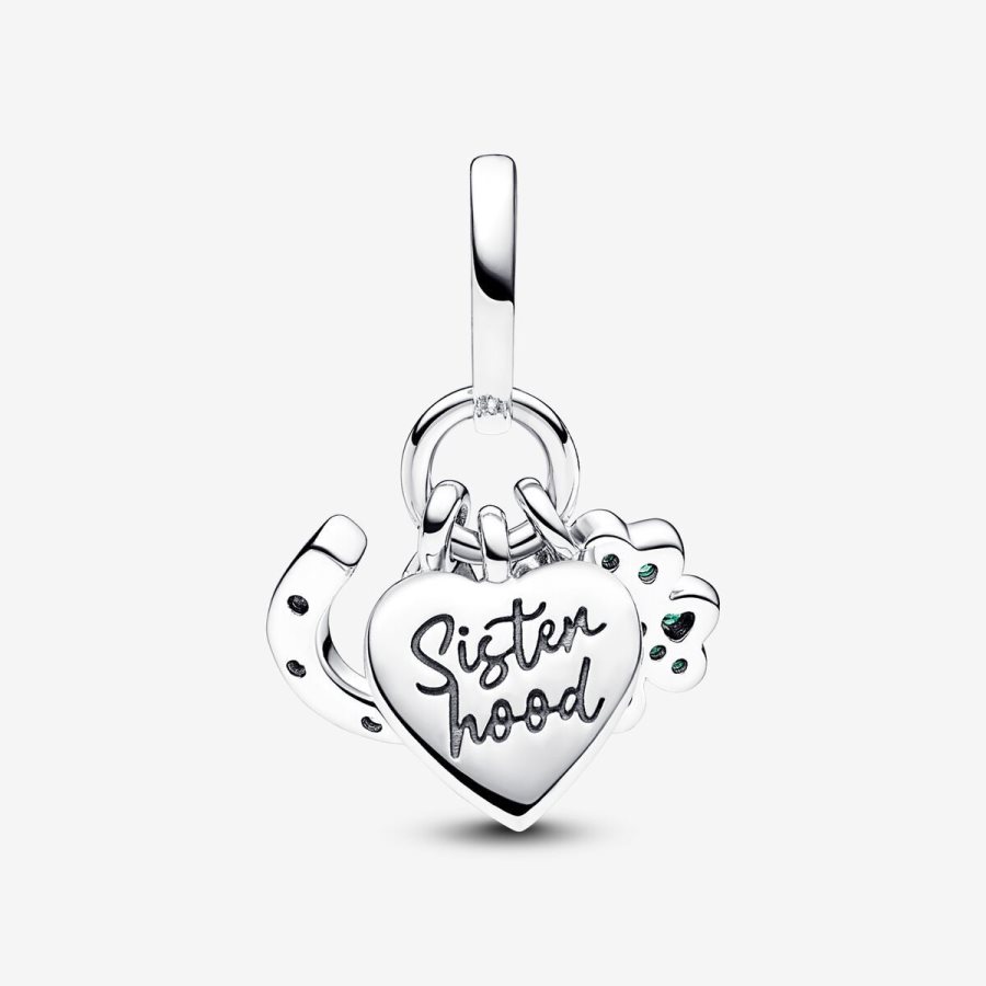 Pandora Four Leaf Clover, Heart and Horseshoe Triple Dangle Charm Gümüş | 921-ZQMNJE