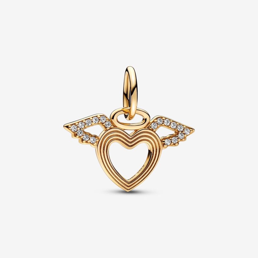 Pandora Heart & Angel Wings Dangle Charm Altın | 327-RASWNX
