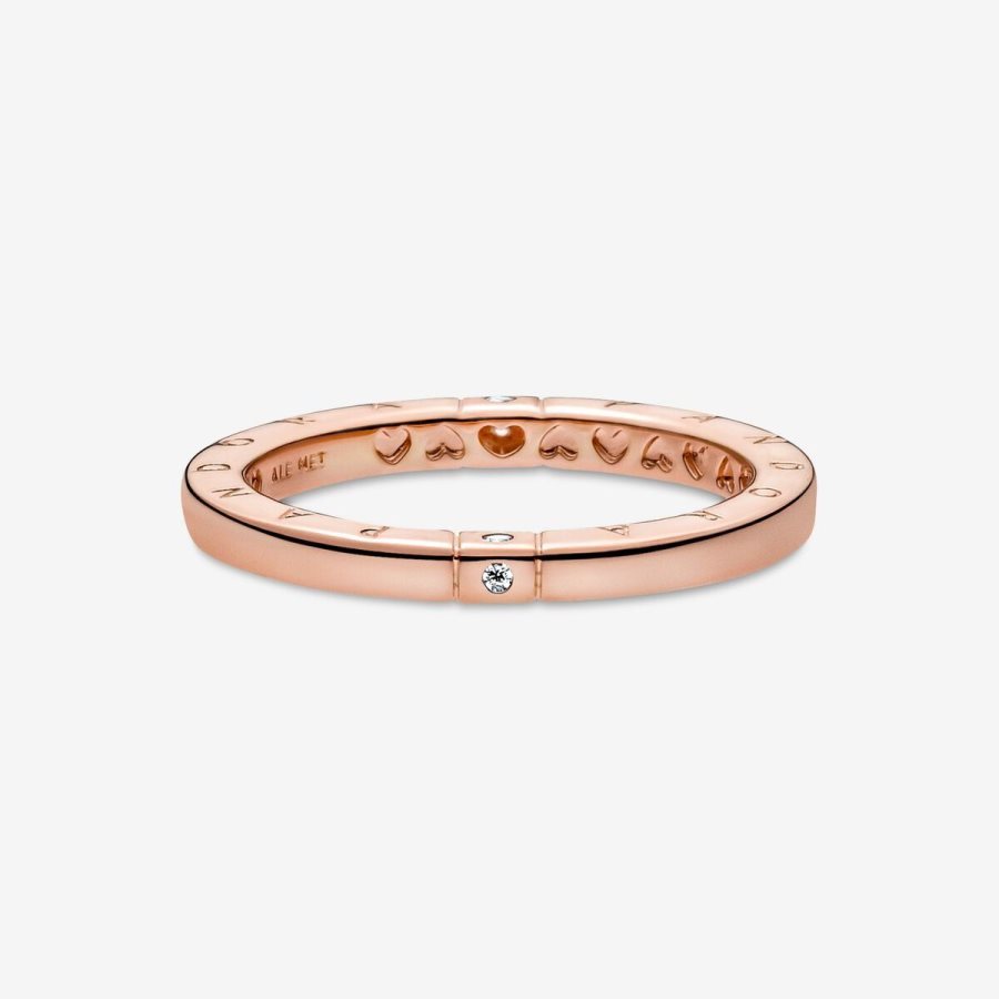 Pandora Logo & Hearts Ring Pembe Altın | 648-TSQFDK