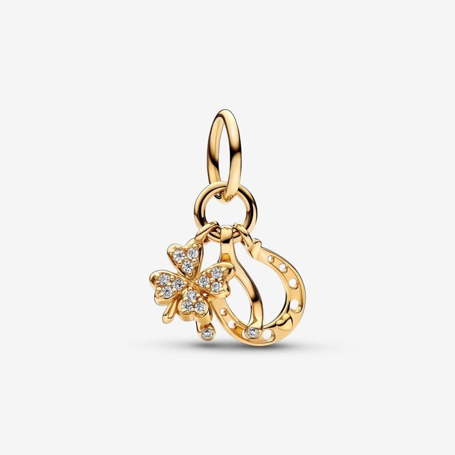 Pandora Lucky Clover, Wishbone & Horseshoe Dangle Charm Altın | 764-OMIJYH