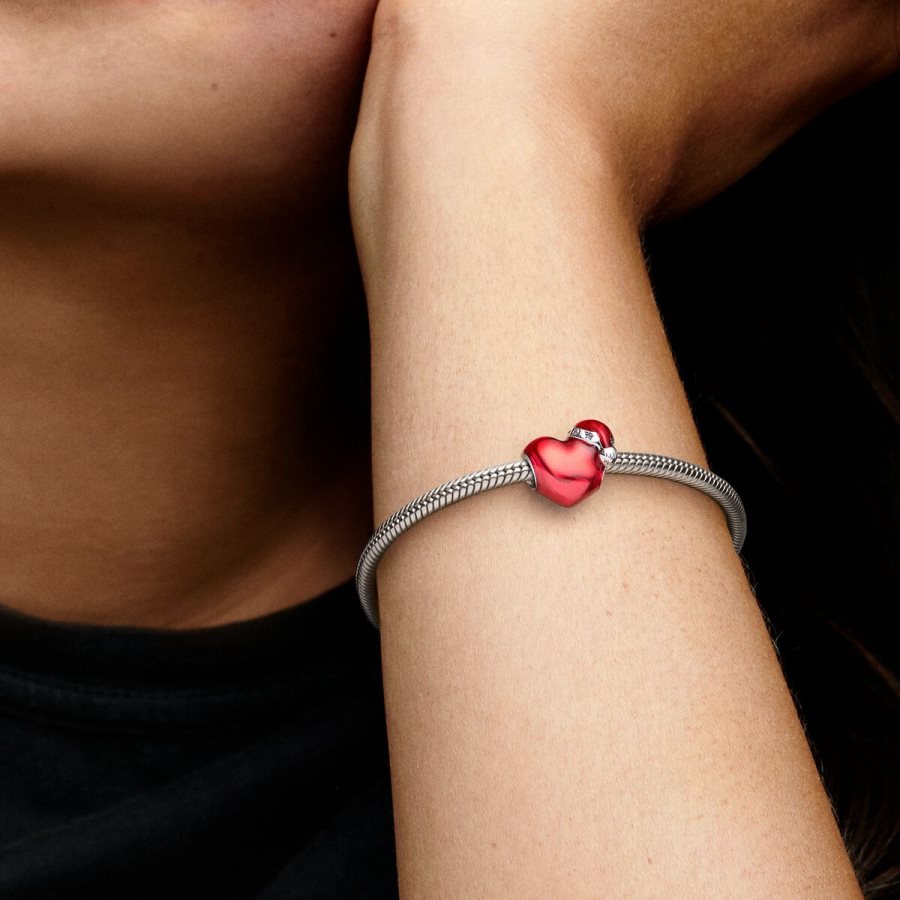 Pandora Metallic Red Christmas Heart Charm Gümüş | 763-EOAPHQ