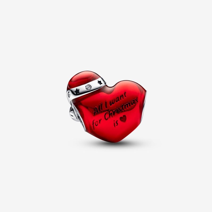 Pandora Metallic Red Christmas Heart Charm Gümüş | 763-EOAPHQ