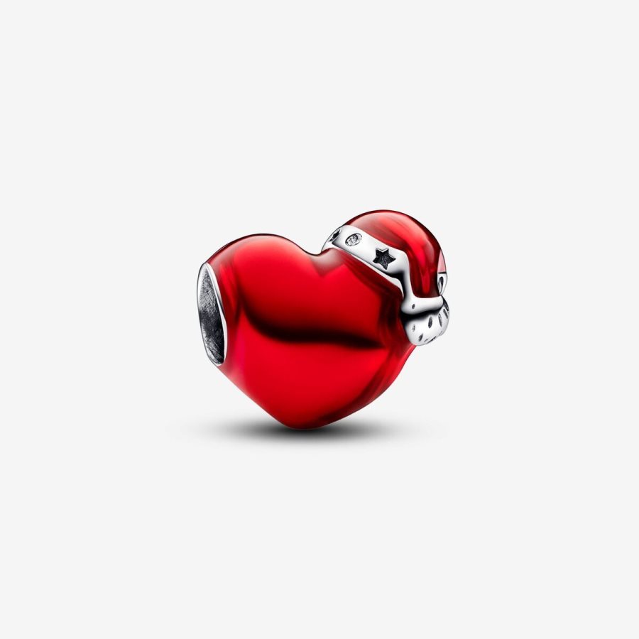 Pandora Metallic Red Christmas Heart Charm Gümüş | 763-EOAPHQ