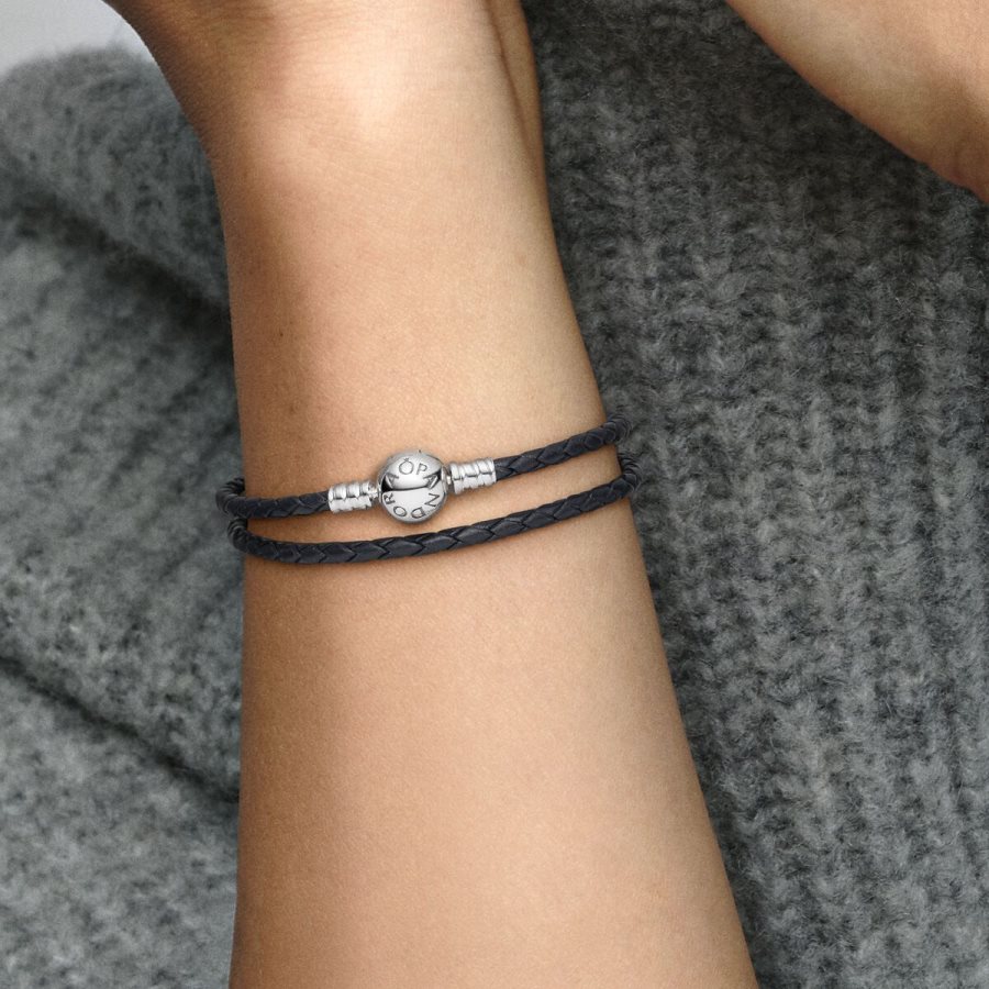 Pandora Moments Double Black Leather Bracelet Gümüş | 250-IDVKPB