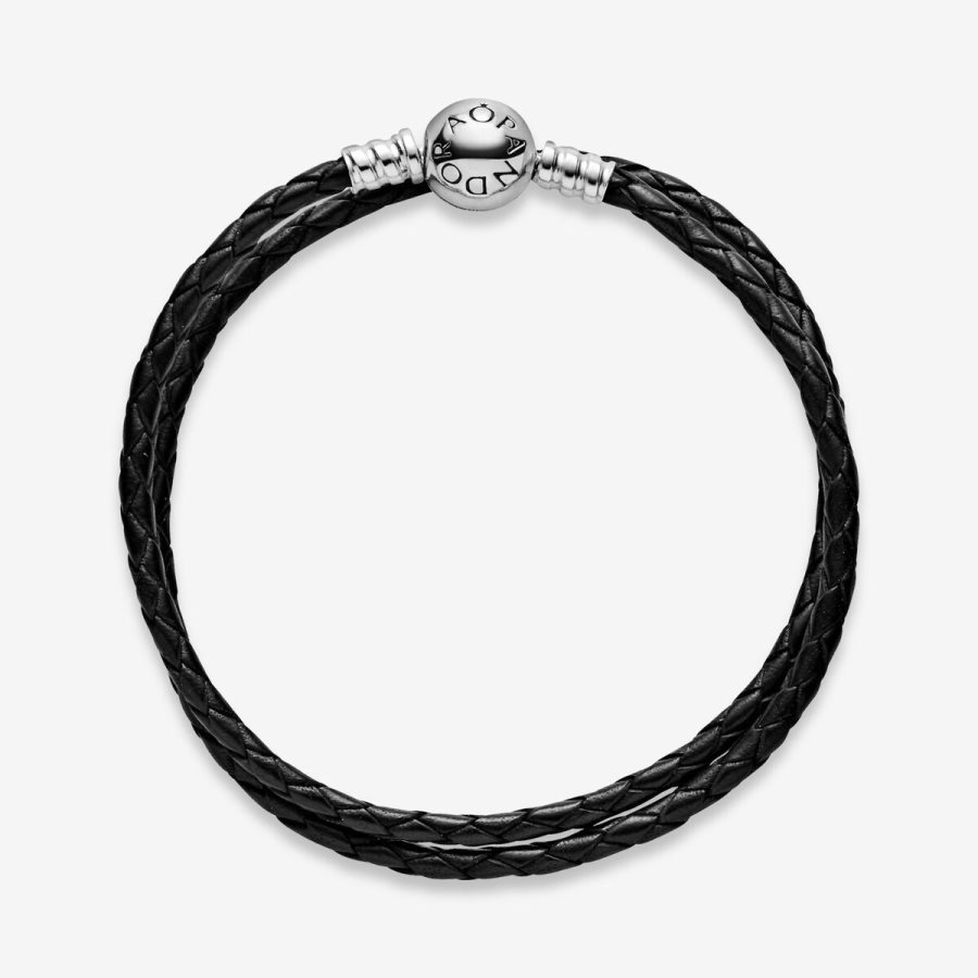 Pandora Moments Double Black Leather Bracelet Gümüş | 250-IDVKPB
