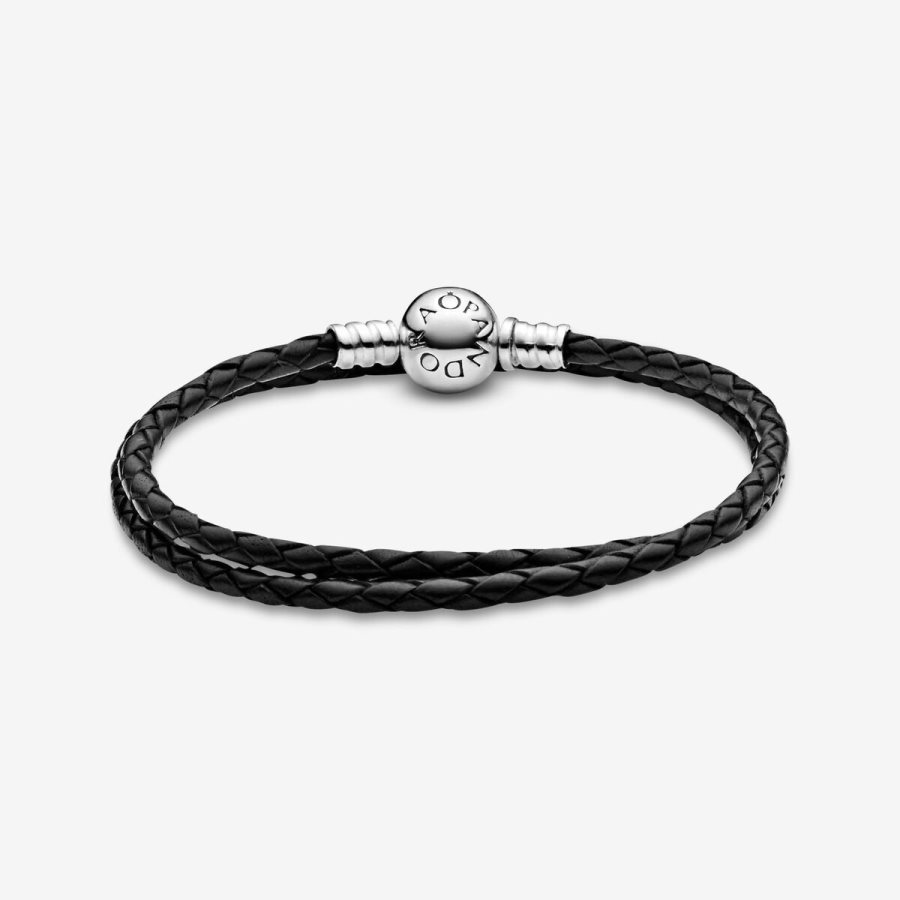 Pandora Moments Double Black Leather Bracelet Gümüş | 250-IDVKPB