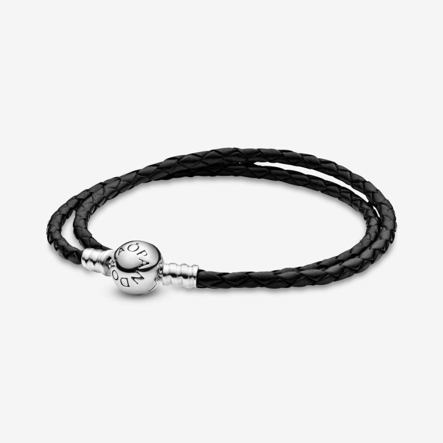 Pandora Moments Double Black Leather Bracelet Gümüş | 250-IDVKPB