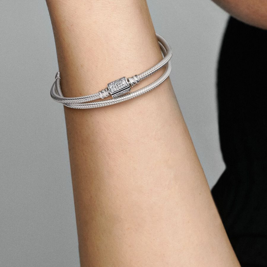 Pandora Moments Double Wrap Barrel Clasp Snake Chain Bracelet/Necklace Gümüş | 162-UVZSEM