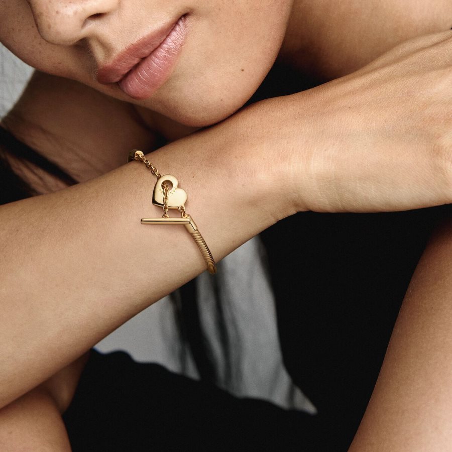 Pandora Moments Heart T-Bar Snake Chain Bracelet Altın | 412-XKTFLS