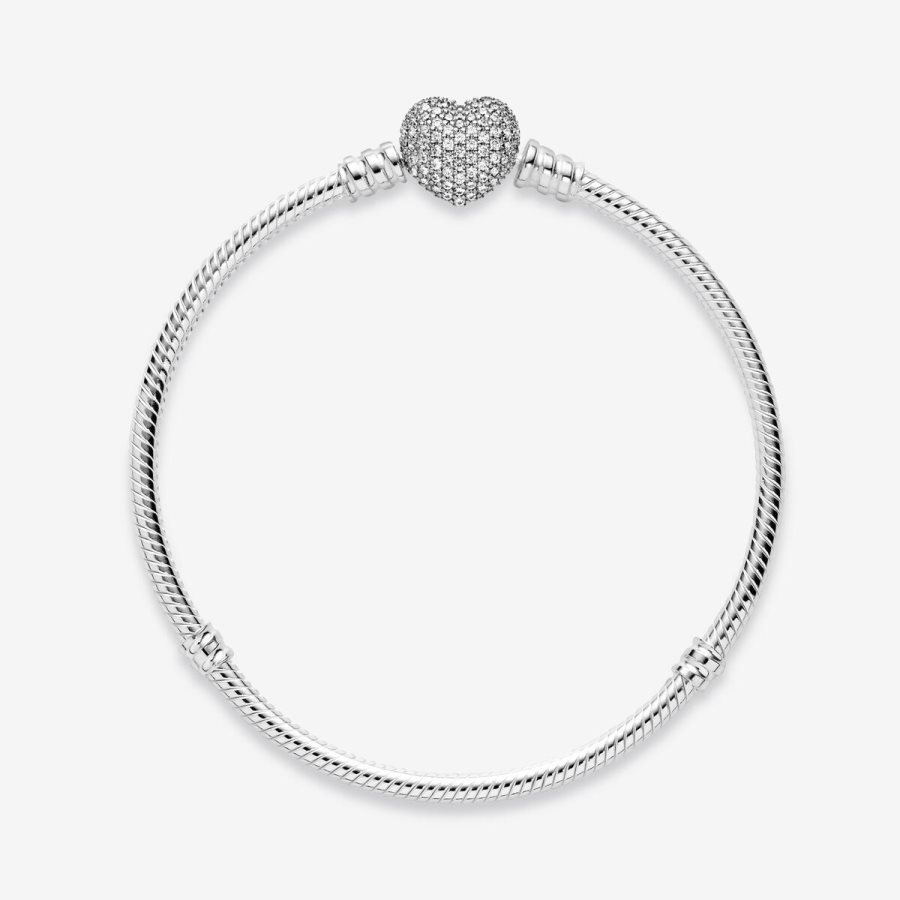 Pandora Moments Sparkling Heart Clasp Snake Chain Bracelet Gümüş | 293-PLMRUC