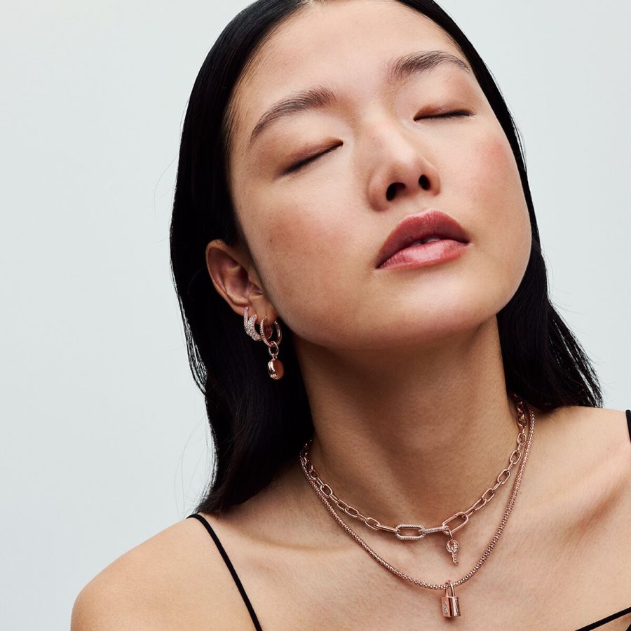 Pandora Moments Studded Chain Necklace Pembe Altın | 893-WLVQOT
