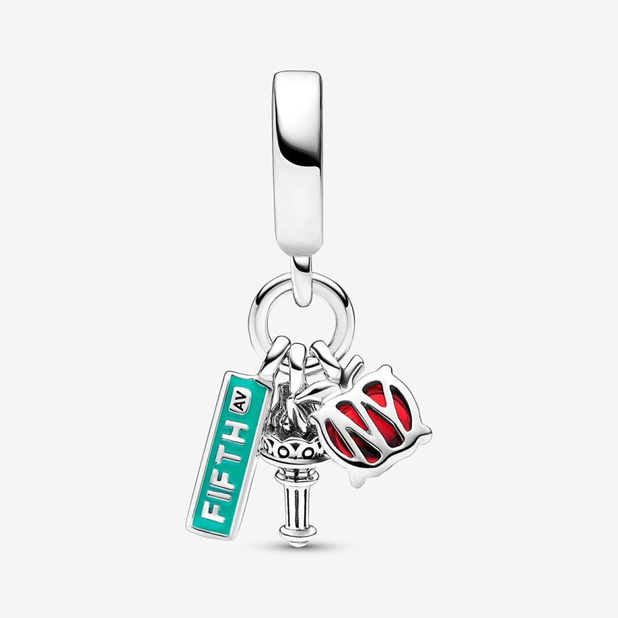 Pandora NYC Apple, Torch and Street Sign Triple Dangle Charm Gümüş | 605-JSDBOG