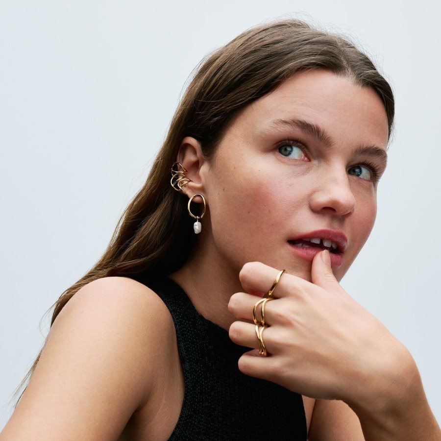 Pandora Organically Shaped Circle & Baroque Treated Freshwater Cultured Pearl Earrings Altın | 563-JKLDSH