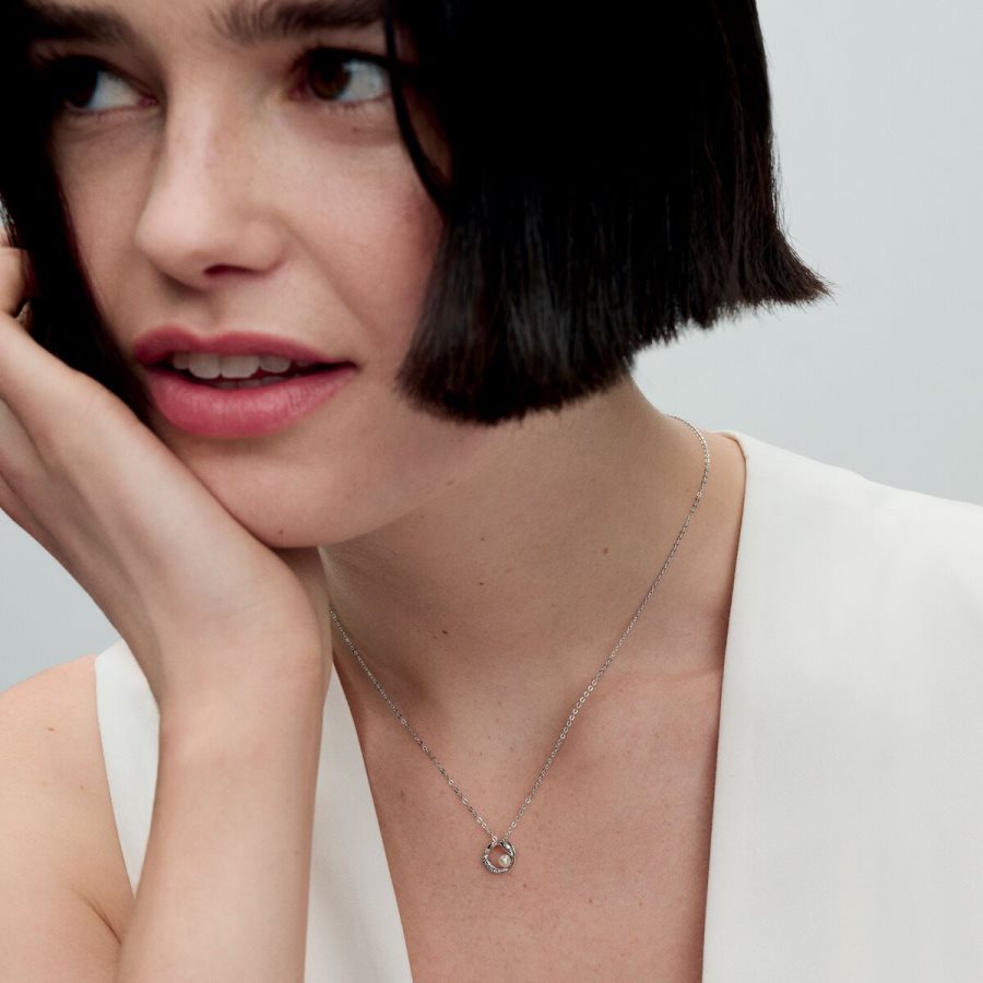 Pandora Organically Shaped Pave Circle & Treated Freshwater Cultured Pearl Collier Necklace Gümüş | 370-QPYLFR