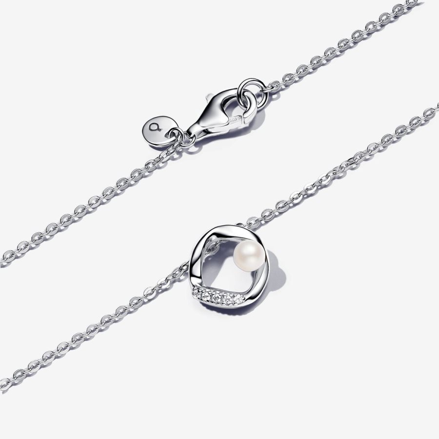 Pandora Organically Shaped Pave Circle & Treated Freshwater Cultured Pearl Collier Necklace Gümüş | 370-QPYLFR