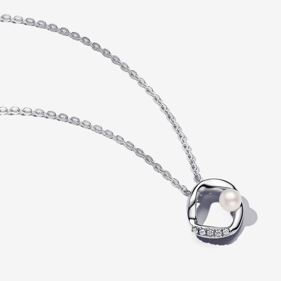 Pandora Organically Shaped Pave Circle & Treated Freshwater Cultured Pearl Collier Necklace Gümüş | 370-QPYLFR