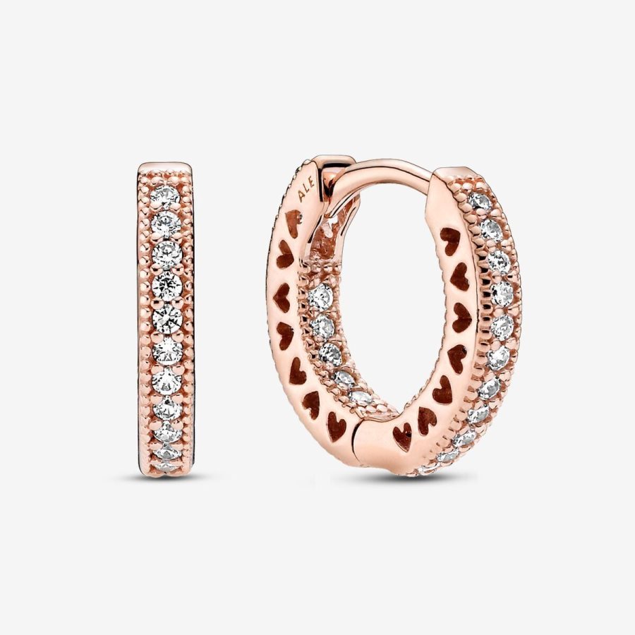 Pandora Pave Heart Hoop Earrings Pembe Altın | 769-XZEPLV