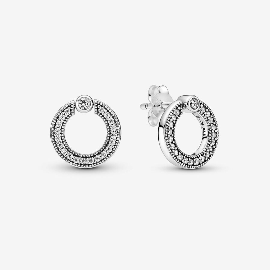 Pandora Pave & Logo Circle Reversible Stud Earrings Gümüş | 301-KYGULI