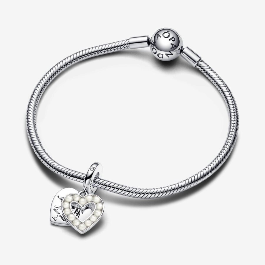 Pandora Pearlescent White Heart Double Dangle Charm Gümüş | 861-UGAWVY