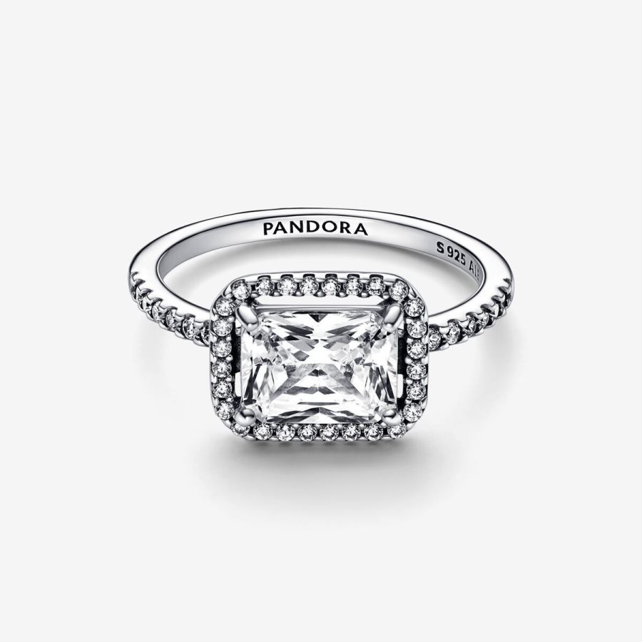 Pandora Rectangular Sparkling Halo Ring Gümüş | 460-FPYDBX