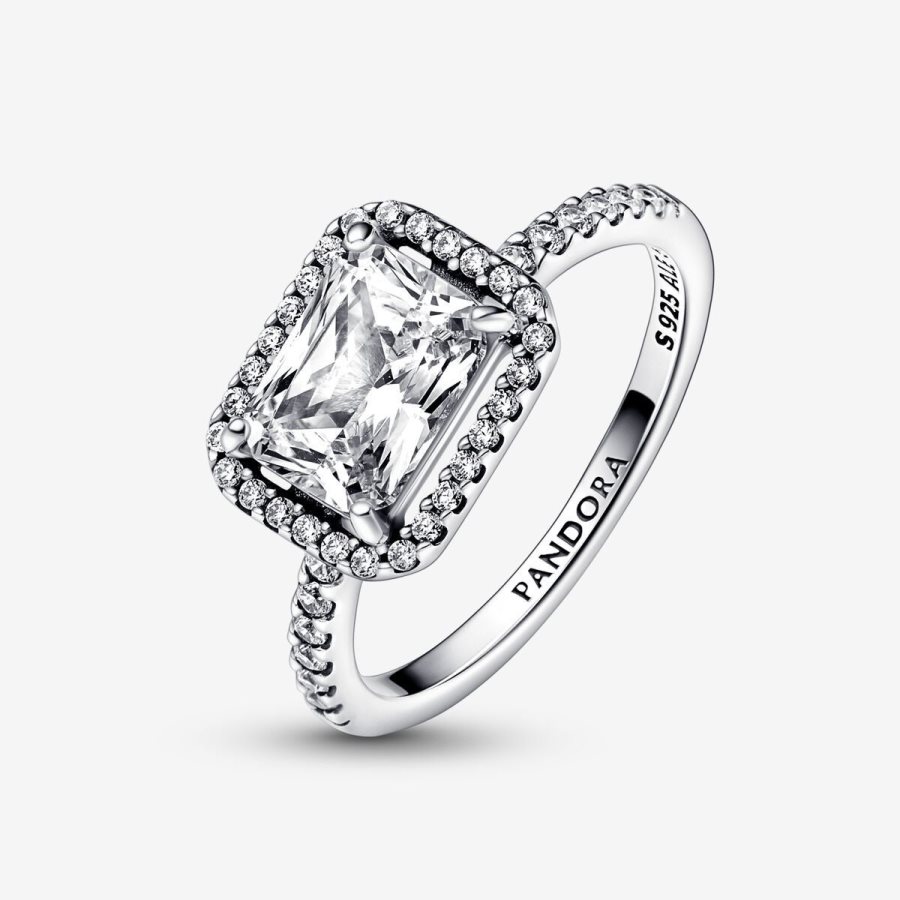 Pandora Rectangular Sparkling Halo Ring Gümüş | 460-FPYDBX