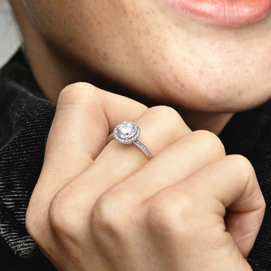 Pandora Round Sparkle Halo Ring Gümüş | 867-CFXIMH