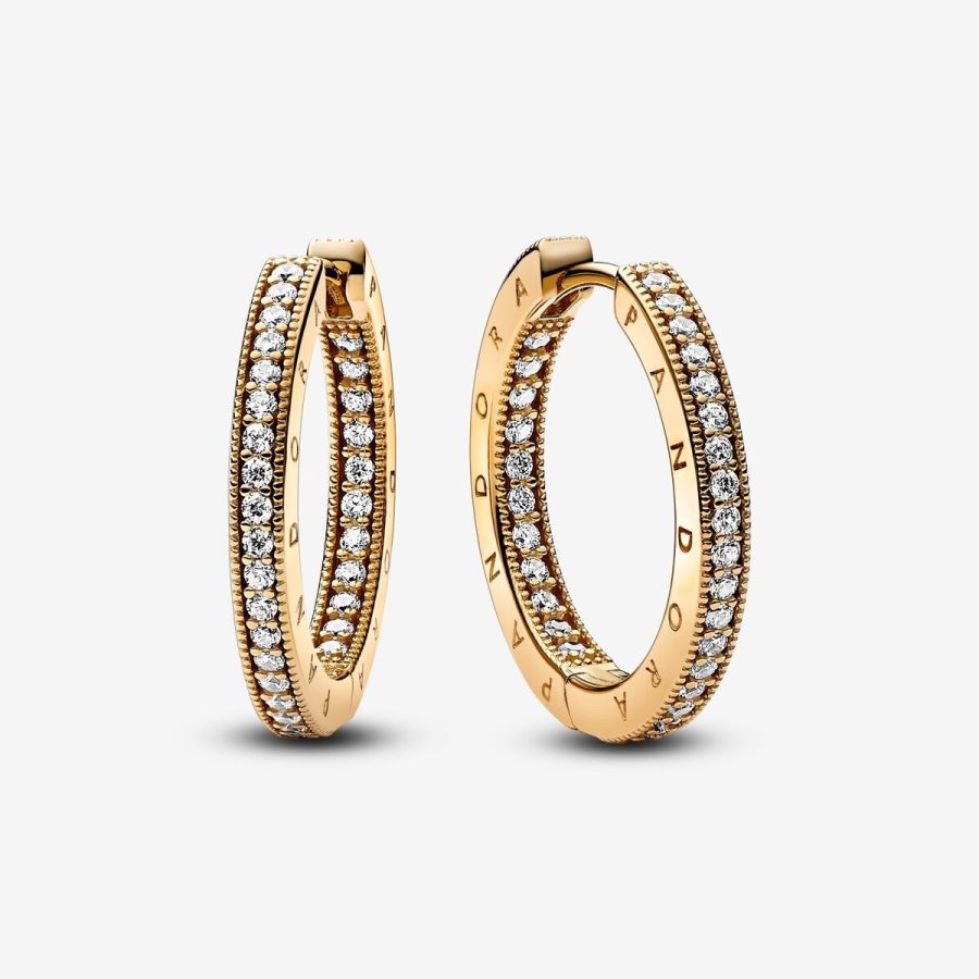 Pandora Signature Logo & Pave Hoop Earrings Altın | 308-XYRMQA