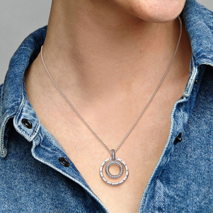 Pandora Signature Pave & Beads Pendant & Necklace Gümüş | 768-NUMTFQ