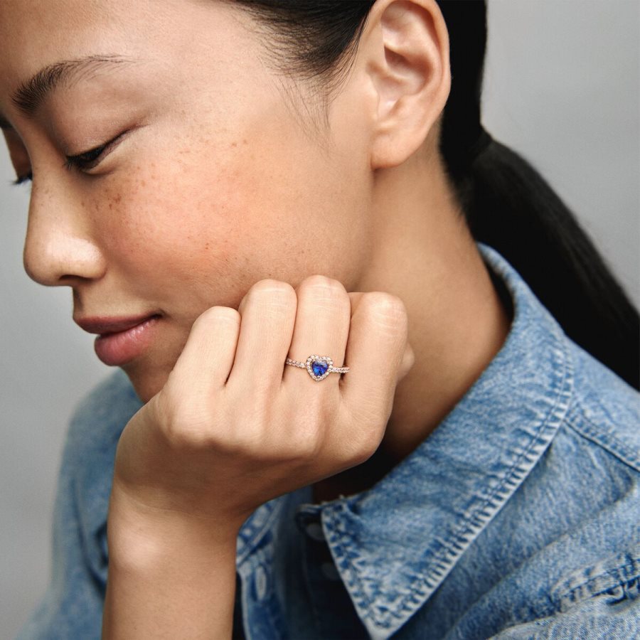 Pandora Sparkling Blue Elevated Heart Ring Pembe Altın | 279-LPCTYG