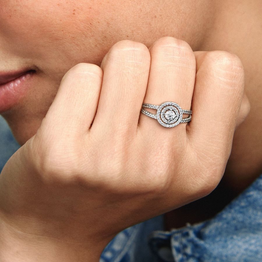 Pandora Sparkling Double Halo Ring Gümüş | 584-WATVXI