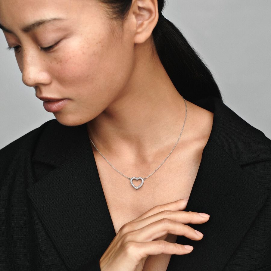 Pandora Sparkling Open Heart Necklace Gümüş | 975-YMACFB