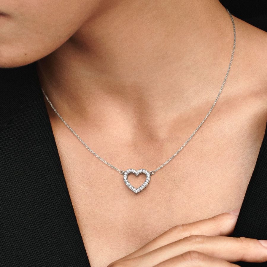 Pandora Sparkling Open Heart Necklace Gümüş | 975-YMACFB