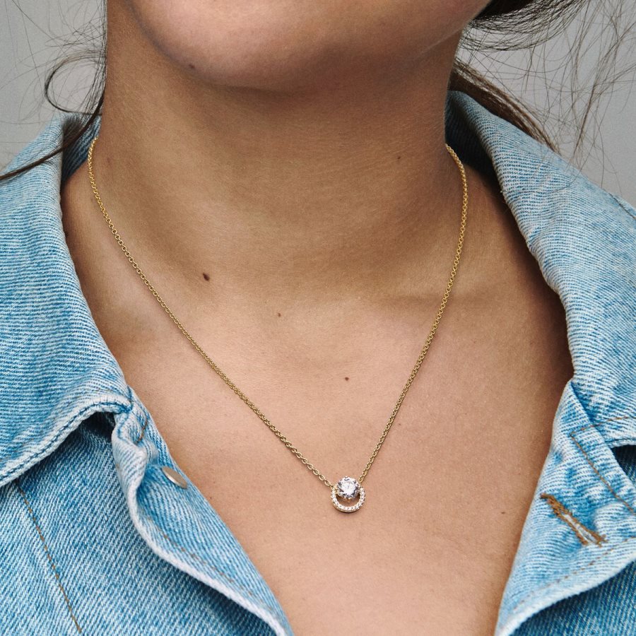 Pandora Sparkling Round Halo Pendant Collier Necklace Altın | 045-YAPJWU