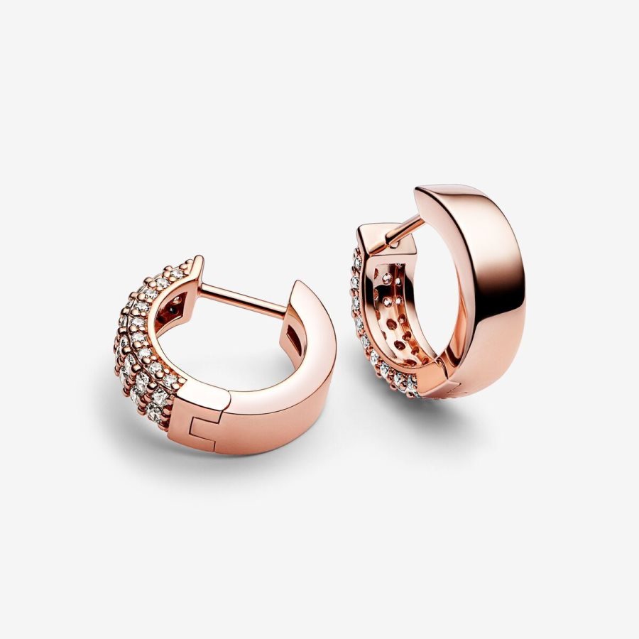 Pandora Timeless Pave Double-row Hoop Earrings Pembe Altın | 158-PAKZCL