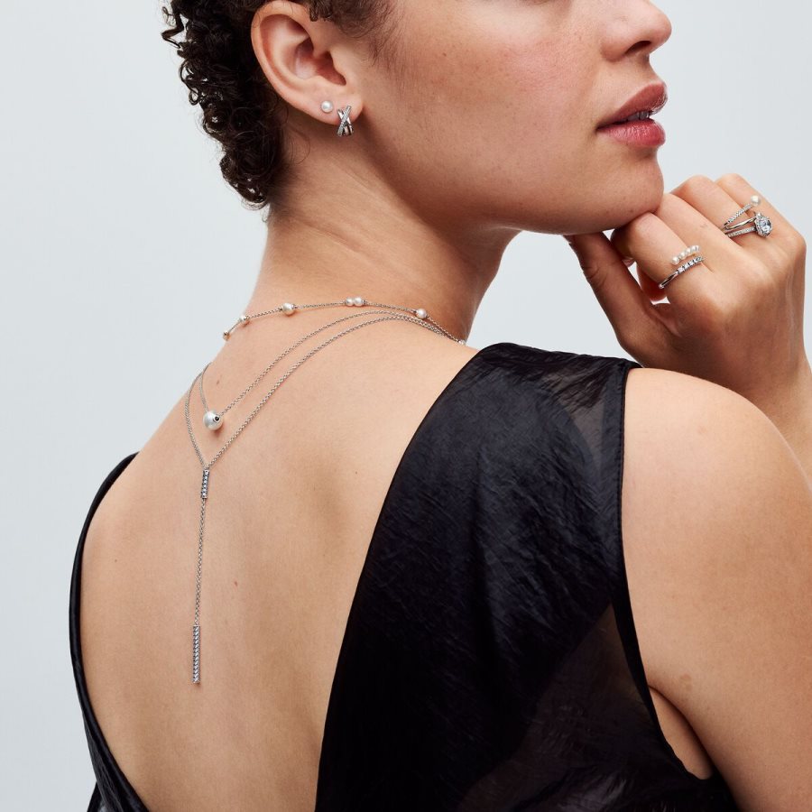 Pandora Treated Freshwater Cultured Pearl Station Chain Necklace Gümüş | 039-OUCPKY